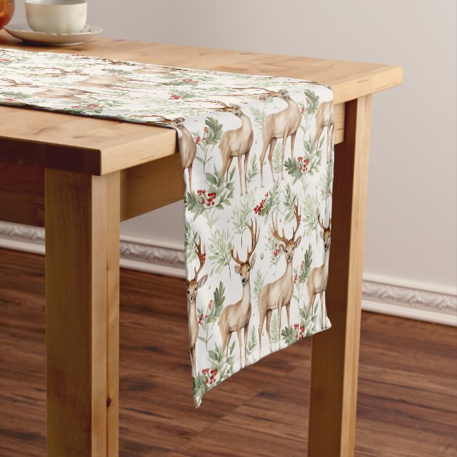 Antler Deer Red Berries Christmas Pattern Short Table Runner (In Situ)