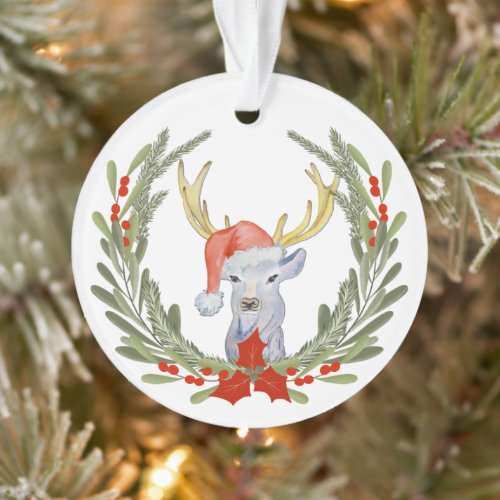 Antler Deer Santa Hat Wreath Kids Ornament