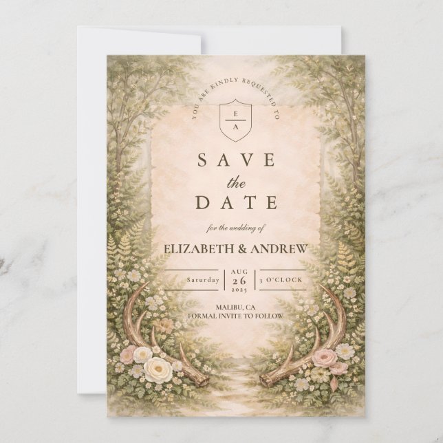 Antler Forest Romance Wedding Save The Date (Front)