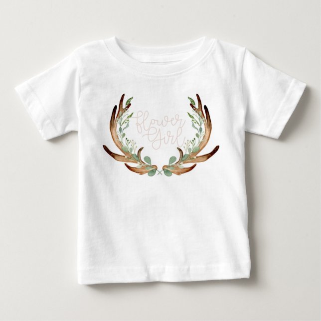 Antler & Greenery Watercolor Wreath | Flower Girl Baby T-Shirt (Front)