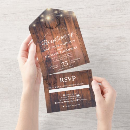 Antler Rustic String Lights Wedding Reception All In One Invitation
