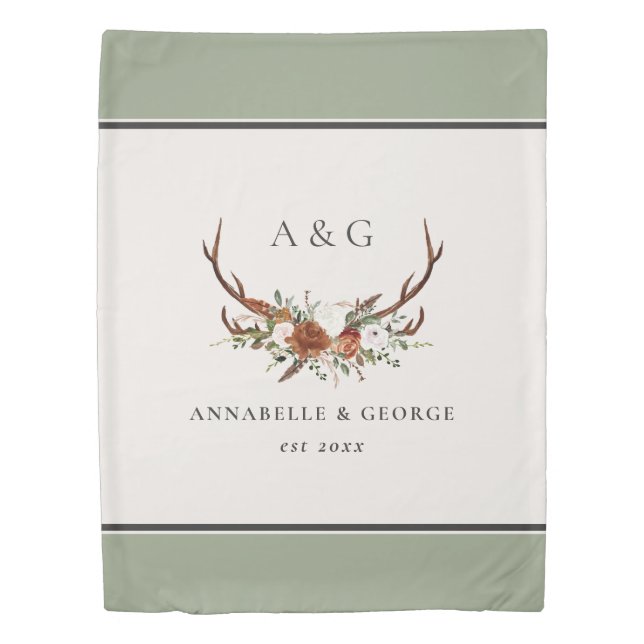 Antler terracotta sage green botanical floral duvet cover (Front)