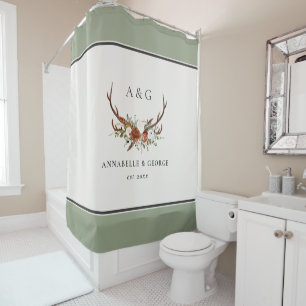 Antler terracotta sage green botanical floral shower curtain