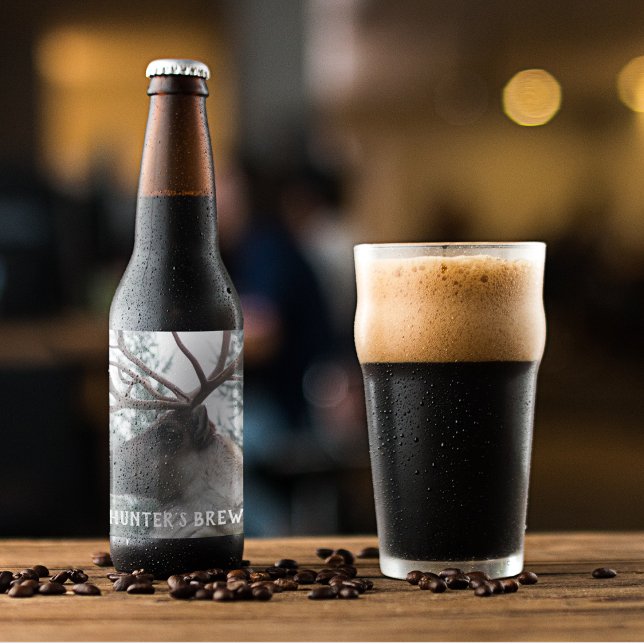 Antlered Caribou Photo Personalized Beer Bottle Label (In Situ Glass of Beer)