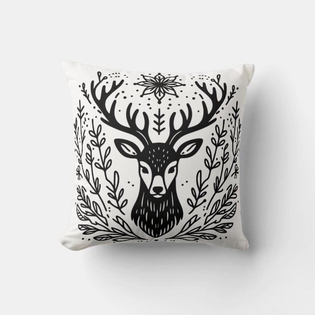 Antlered Deer Botanical Art Throw Pillow (Front)