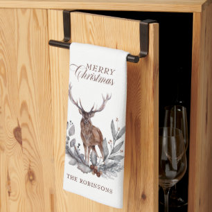 Antlered Deer Buck Wreath Merry Christmas Kitchen Towel