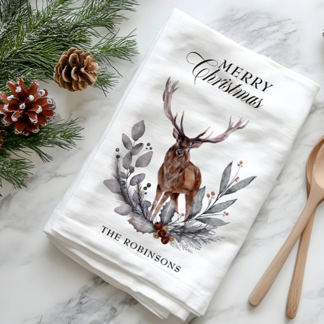 Antlered Deer Buck Wreath Merry Christmas  Kitchen Towel (Antlered Deer Buck Wreath Merry Christmas Kitchen Towel)