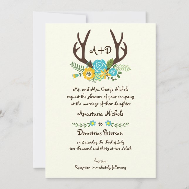 Antlers and aqua flowers monogram woodland wedding invitation (Front)