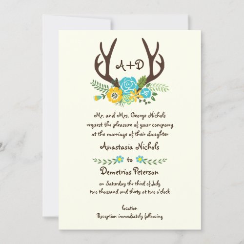Antlers and aqua flowers monogram woodland wedding invitation