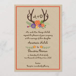 Antlers and flowers monogram kraft paper wedding invitation