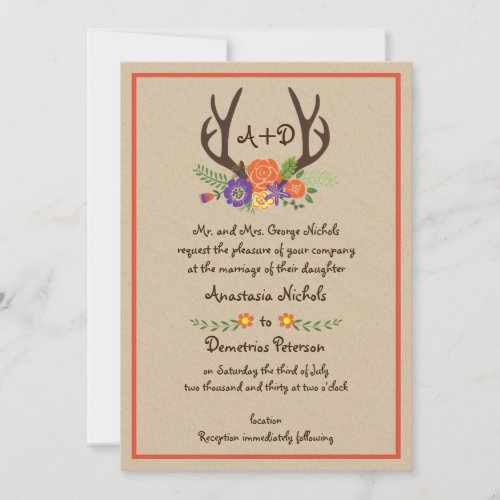 Antlers and flowers monogram kraft paper wedding invitation