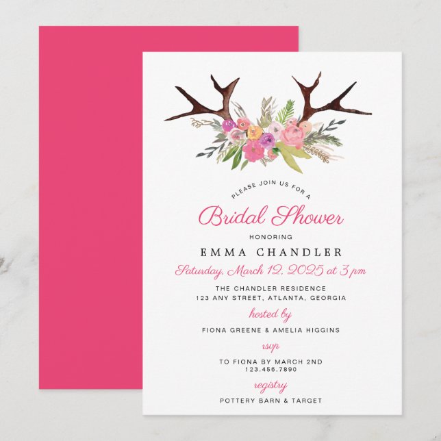 Antlers and Flowers Rustic Bridal Shower Invitation (Front/Back)