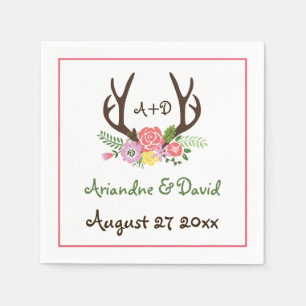 Antlers and flowers woodland monogram wedding napkins