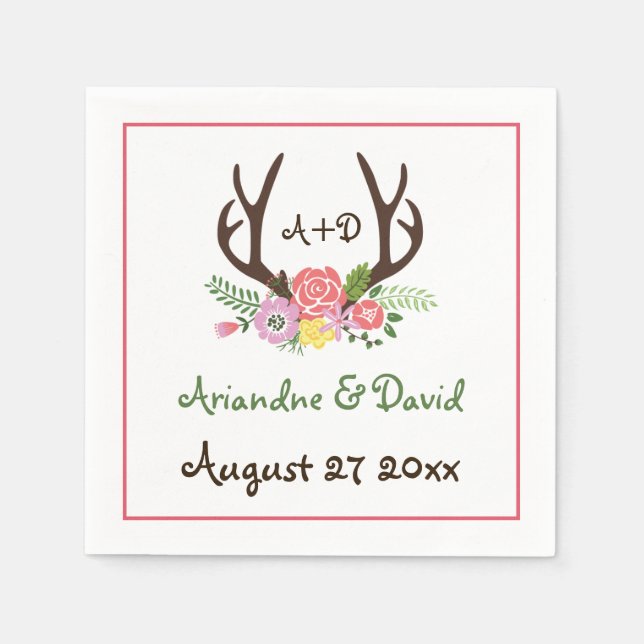 Antlers and flowers woodland monogram wedding napkins (Front)