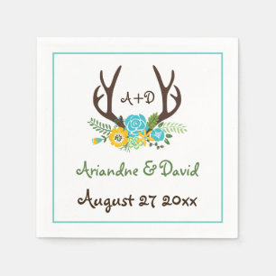 Antlers and flowers woodland monogram wedding paper napkins
