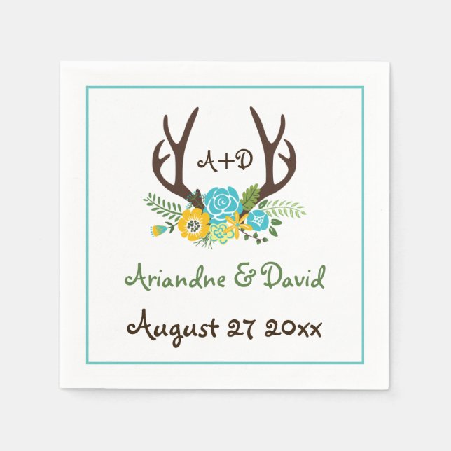 Antlers and flowers woodland monogram wedding paper napkins (Front)