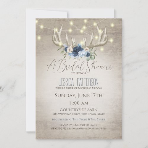 Antlers and Lights Floral Blue Bridal Shower Invitation