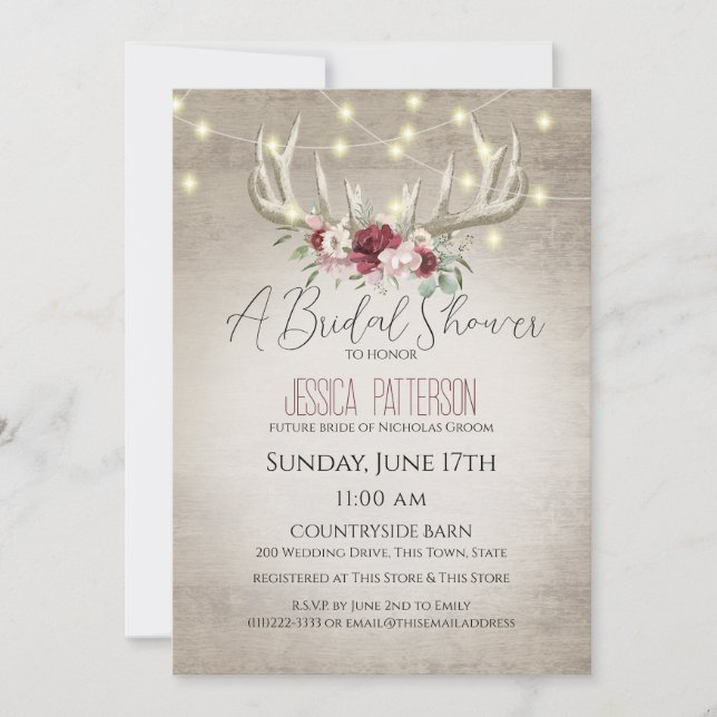 Antlers and Lights Floral Bridal Shower  Invitation (Front)