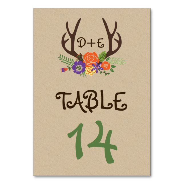 Antlers and orange flowers wedding table number (Front)