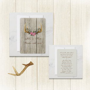 Antlers and Pink Roses Rustic Wedding Invitation