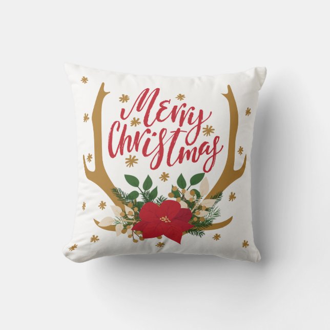 Antlers and Poinsettia Red and Gold Christmas Throw Pillow (Front)