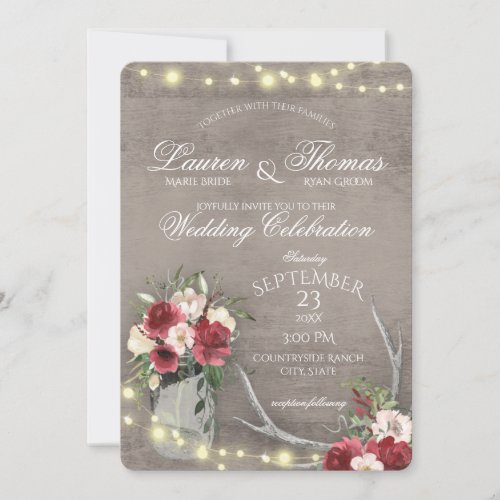 Antlers and String Lights Rustic Burgundy Floral I Invitation