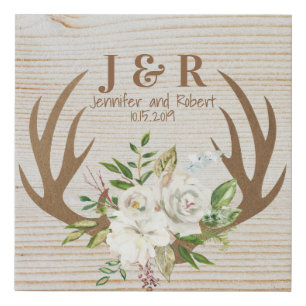 Antlers and Watercolor Flowers Wedding Date Faux Canvas Print