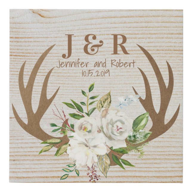 Antlers and Watercolor Flowers Wedding Date Faux Canvas Print (Front)