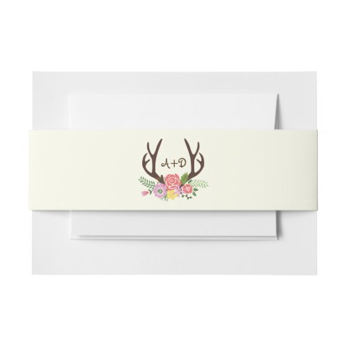 Antlers and wild flowers monogram woodland wedding invitation belly band