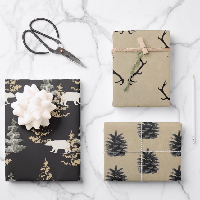 Antlers, bears, black and stone coloured  wrapping wrapping paper sheets (Front)