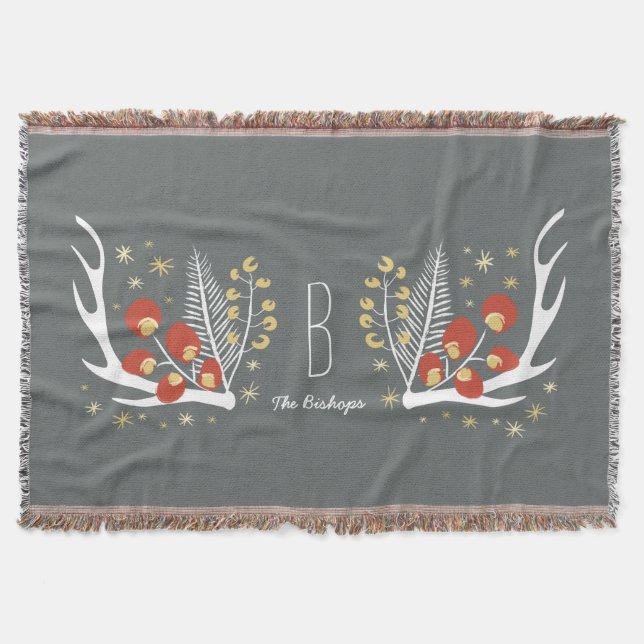 Antlers Berries and Pine | Throw Blanket (Front)