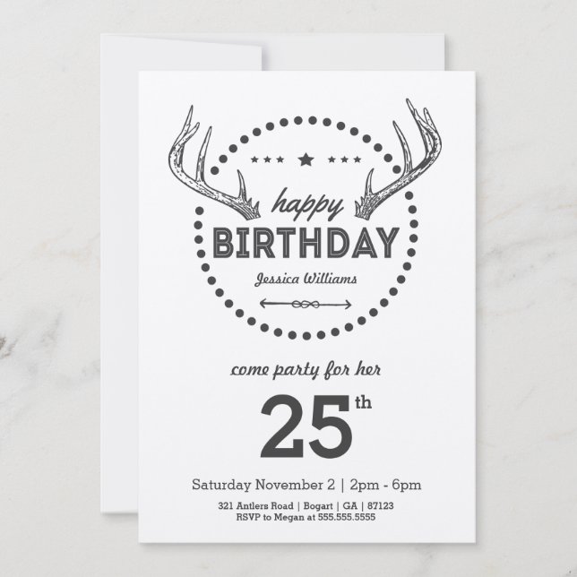 Antlers Birthday Retro inspired Invitation (Front)