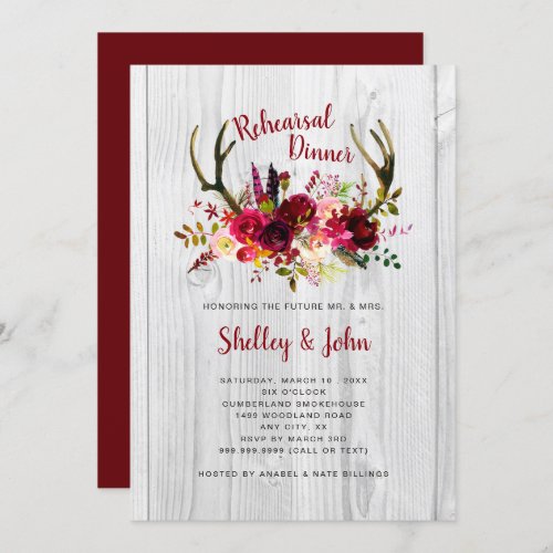 Antlers Burgundy Floral Rehearsal Dinner invites