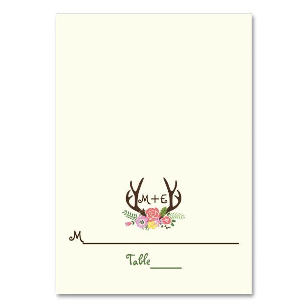 Antlers & Coral Pink Flowers Wedding Place Card