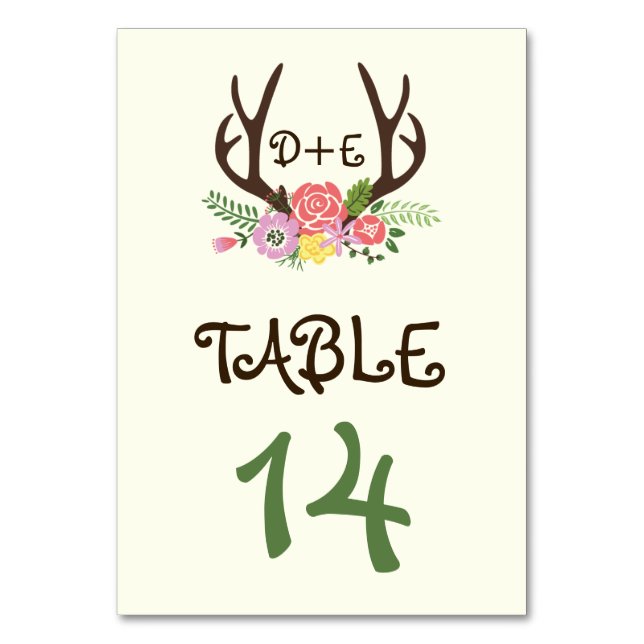 Antlers & coral pink flowers wedding table number (Front)