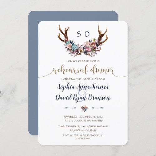 Antlers Dusty Blue Blush Floral Rehearsal Dinner Invitation