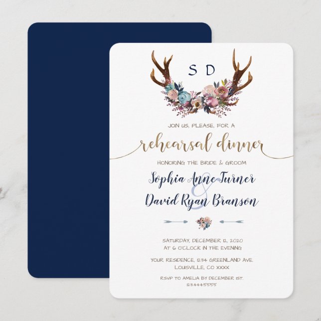 Antlers Dusty Blue Pink Floral Rehearsal Dinner Invitation (Front/Back)