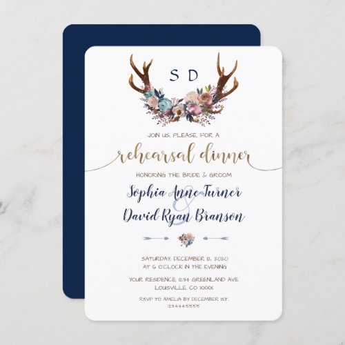 Antlers Dusty Blue Pink Floral Rehearsal Dinner Invitation