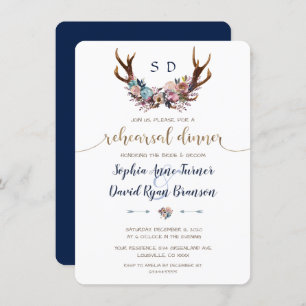 Antlers Dusty Blue Pink Floral Rehearsal Dinner Invitation