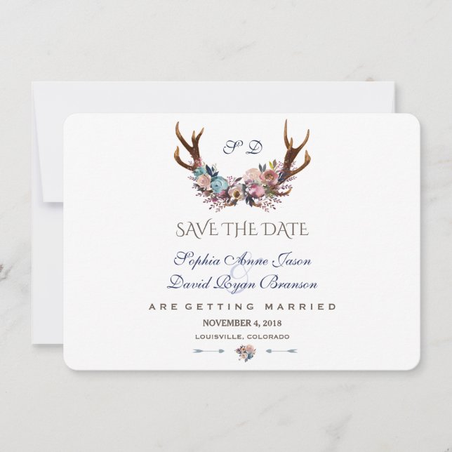 Antlers Dusty Blue Pink Floral Save The Date (Front)