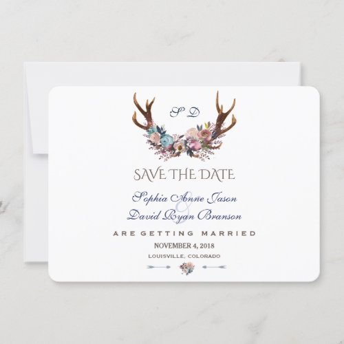 Antlers Dusty Blue Pink Floral Save The Date