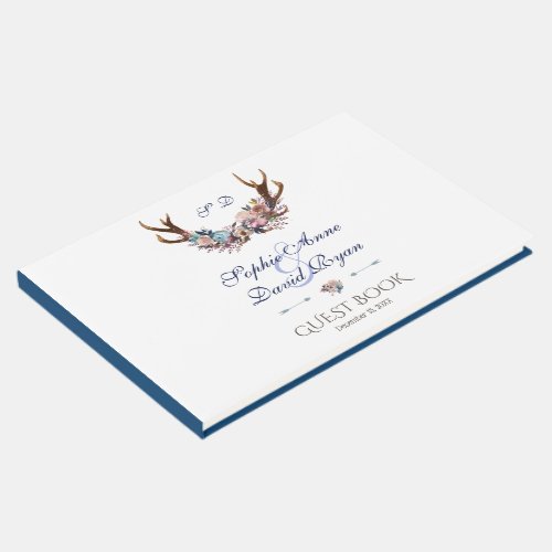 Antlers Dusty Blue Pink Floral Wedding Guest Book