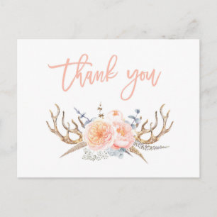 antlers feathers thank you card, baby shower postcard