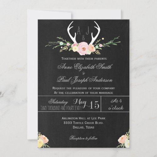 Antlers floral chalkboard wedding invitation