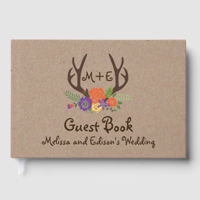 Antlers floral monogram boho wedding guest book (Front)