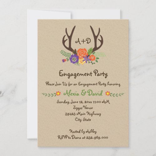 Antlers floral monogram wedding engagement party invitation