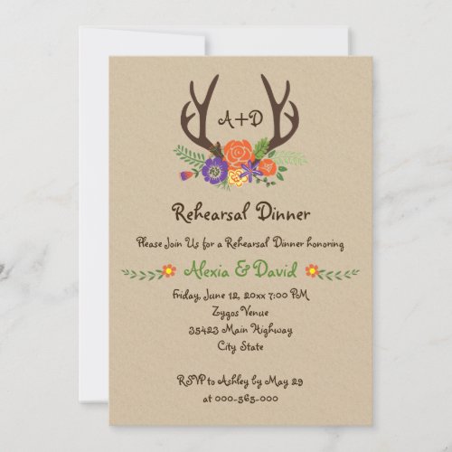 Antlers floral monogram wedding rehearsal dinner invitation