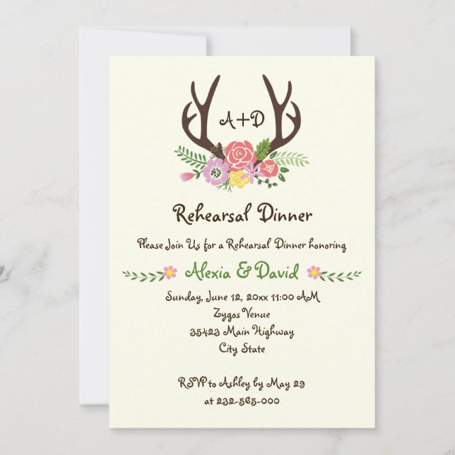 Antlers floral monogram wedding rehearsal dinner invitation (Front)