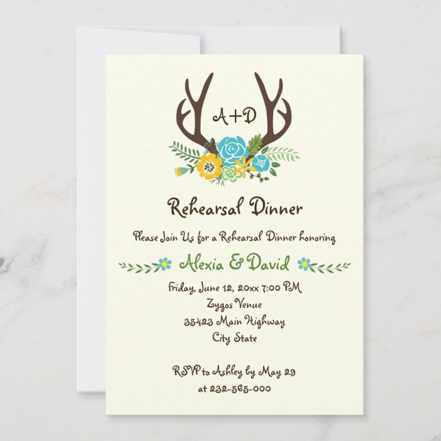 Antlers floral monogram wedding rehearsal dinner invitation (Front)
