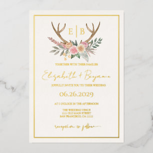 Antlers Floral Stag Pink Flowers Wedding Real Gold Foil Invitation